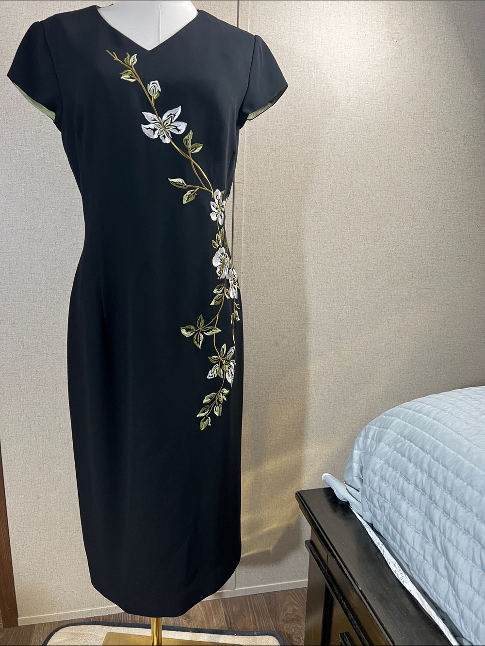 Maggy London Black Midi Dress with White & Green Floral Embroidery